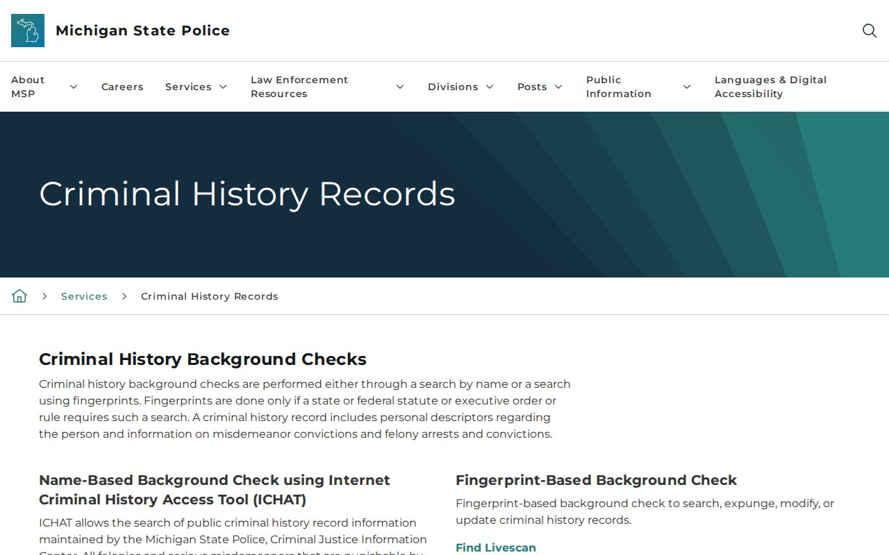 Michigan State Police criminal history records service page for Wayne County searches