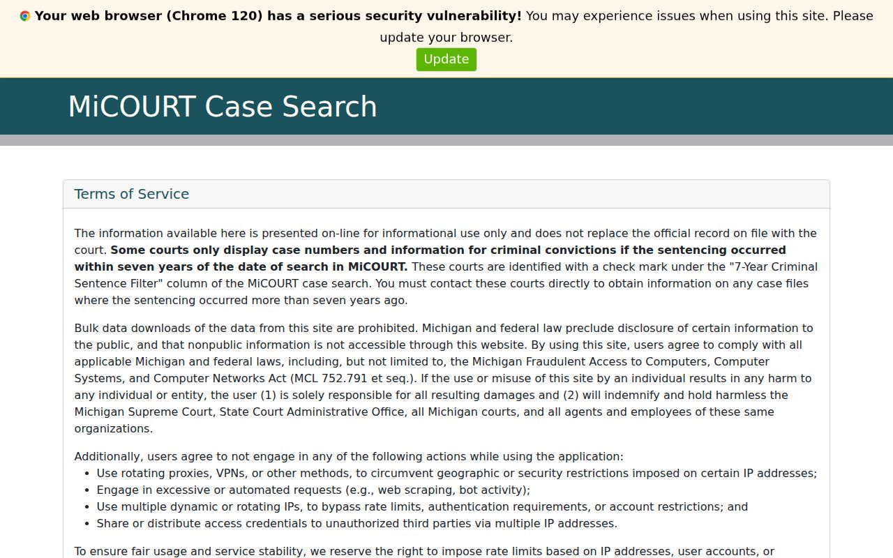 MiCOURT participating trial court case search for Wayne County city records