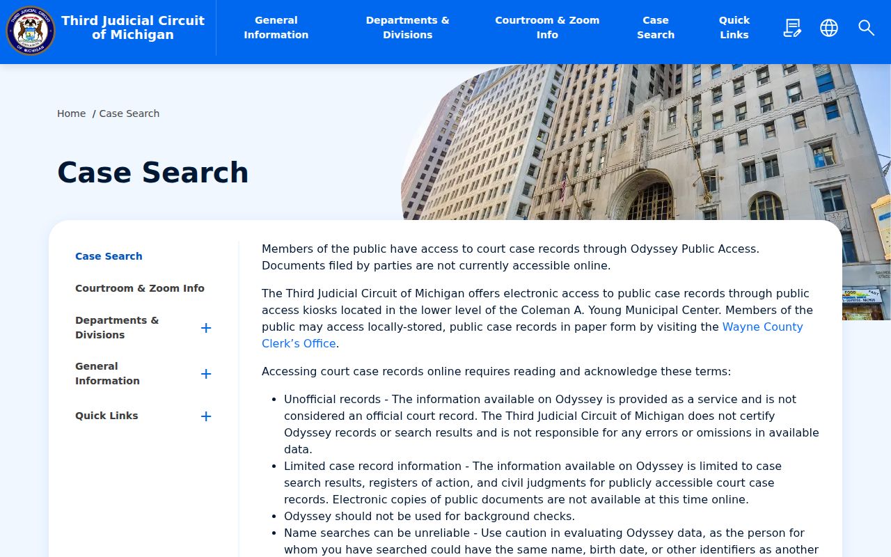 Wayne County criminal court case Odyssey Public Access screen