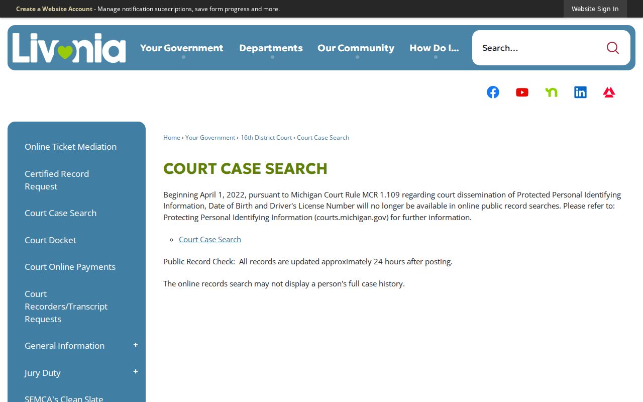 Wayne County criminal court records at the Livonia 16th District Court search