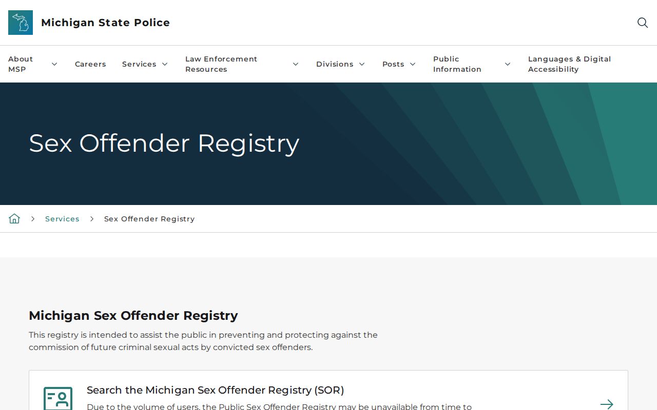 Michigan State Police sex offender registry information page explaining duties and statuses