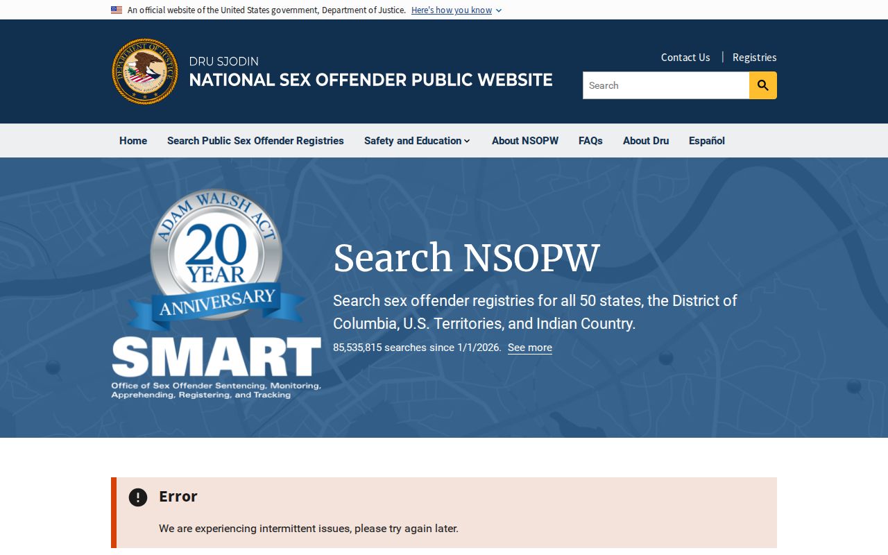 National Sex Offender Public Website search page for cross-state registry checks